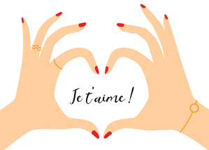 Carte amour, mariages et naissances Je t`aime et mains en coeur